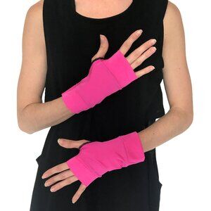 Womens Short Costume Gloves Pink Wet Look Shiny Arm Cuffs Super Hero Texting 80s